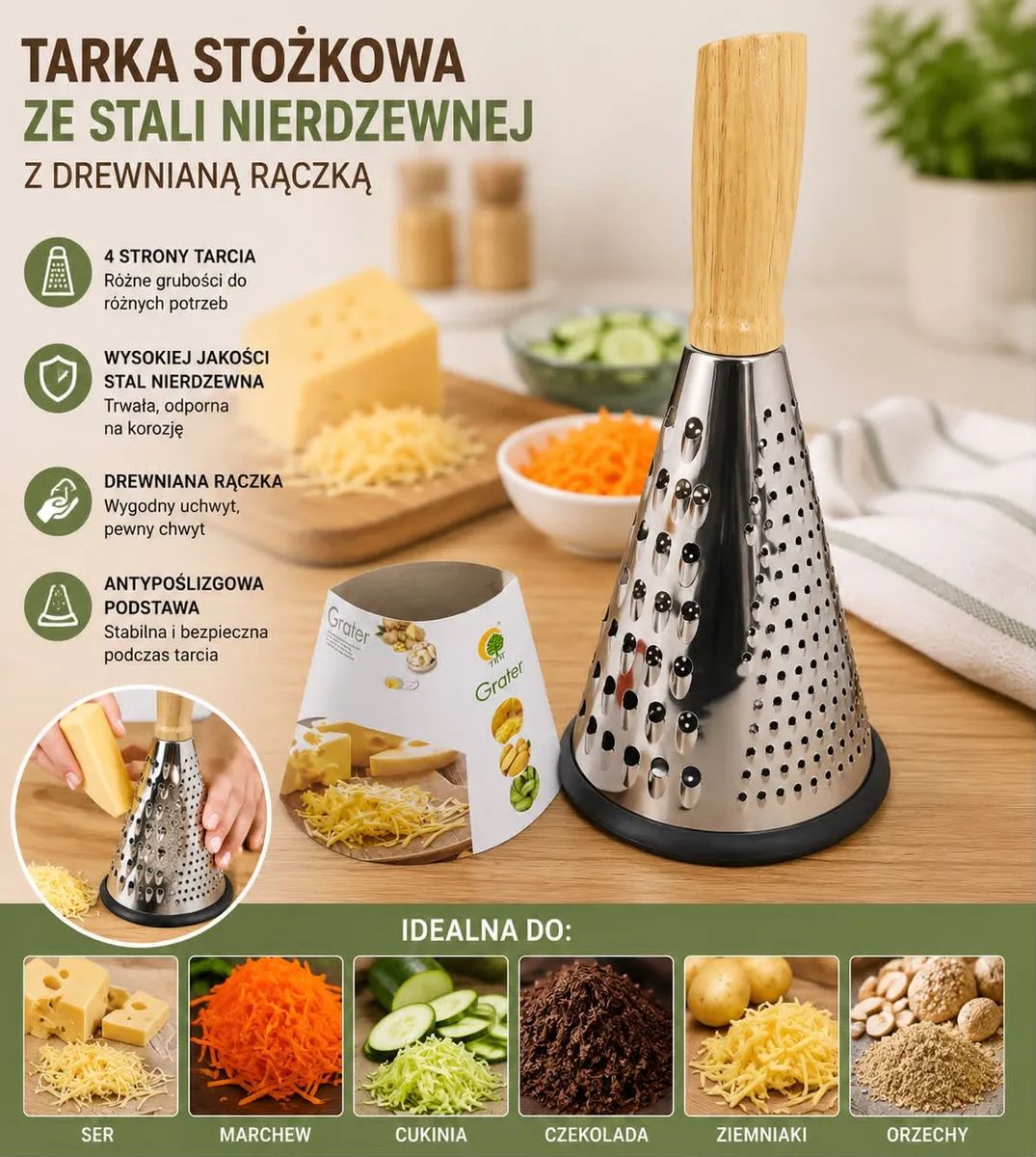 Tarka stożkowa ze stali nierdzewnej z drewnianą rączką i antypoślizgową podstawą