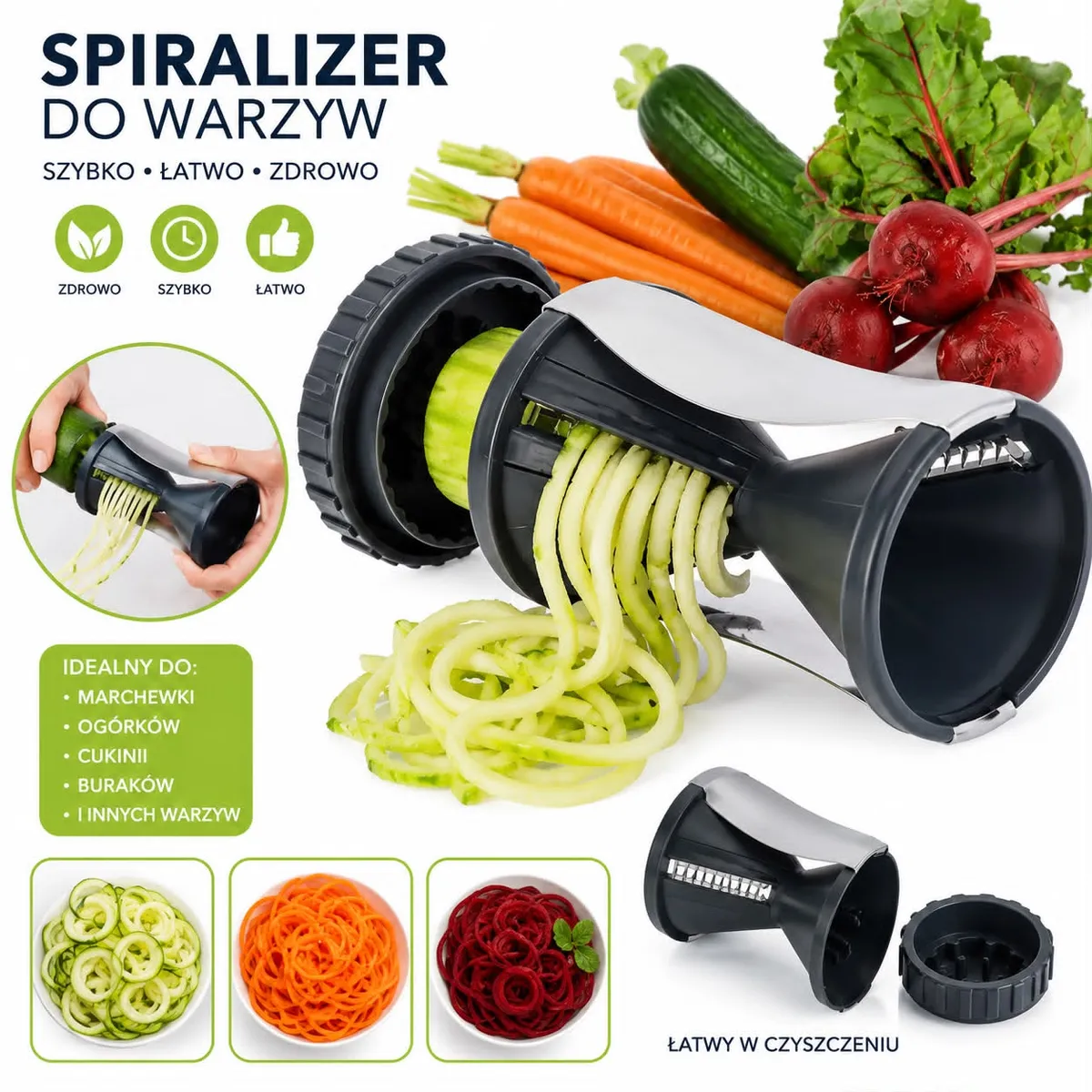 Spiralizer do warzyw i owoców czarno-srebrny, łatwy w czyszczeniu
