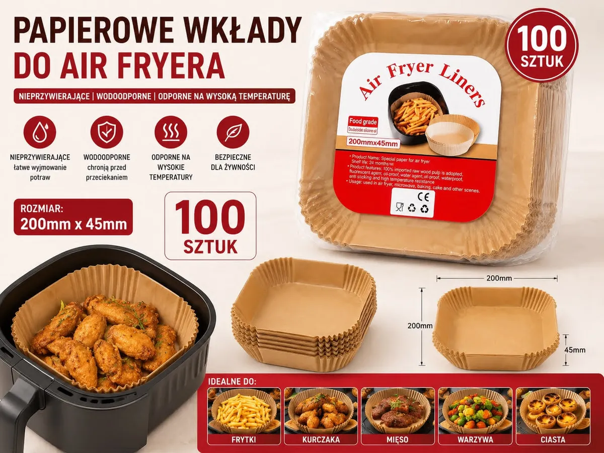 Papierowe wkłady do Air Fryera 200x200x45 mm, 100 sztuk, brązowe
