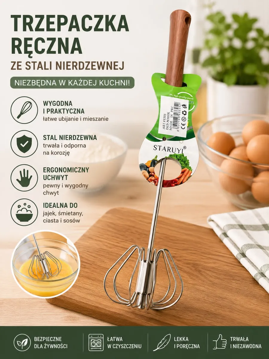 Trzepaczka ręczna ze stali nierdzewnej z ergonomicznym uchwytem