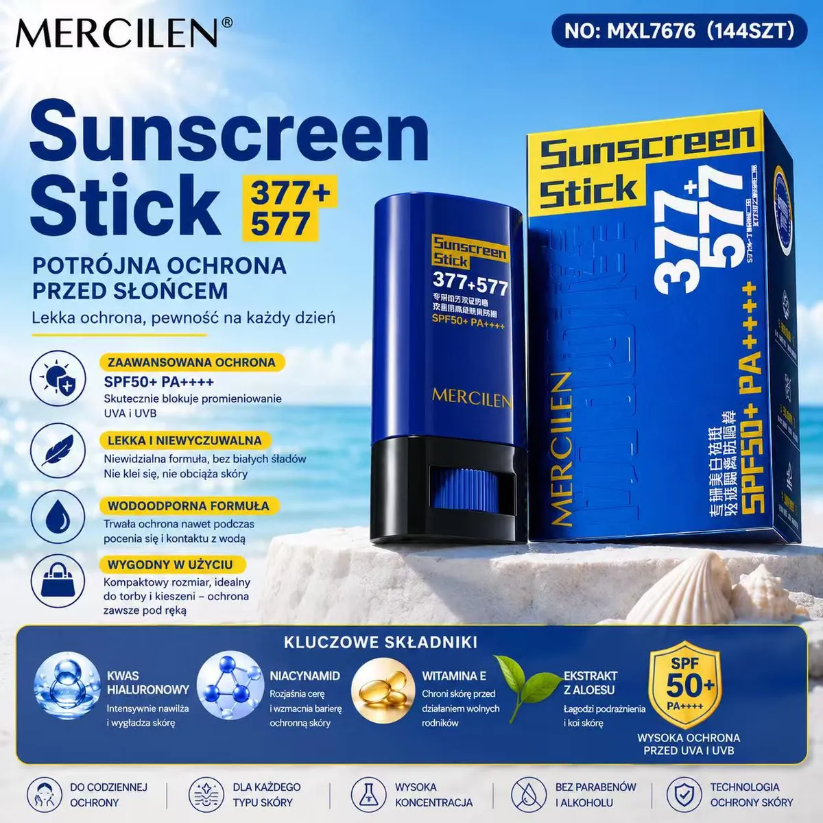 Mercilen Sunscreen Stick SPF50+ PA++++ potrójna ochrona przeciwsłoneczna