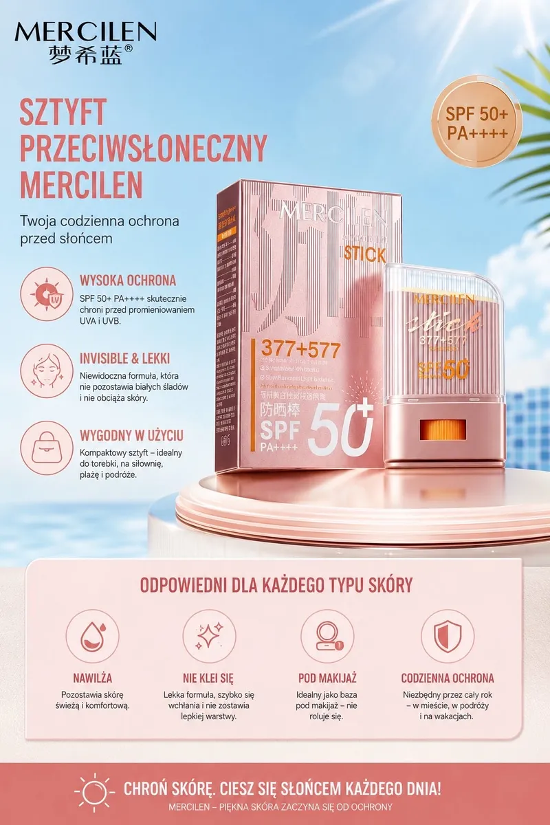 Sztyft przeciwsłoneczny Mercilen SPF50+ PA++++ lekka formuła