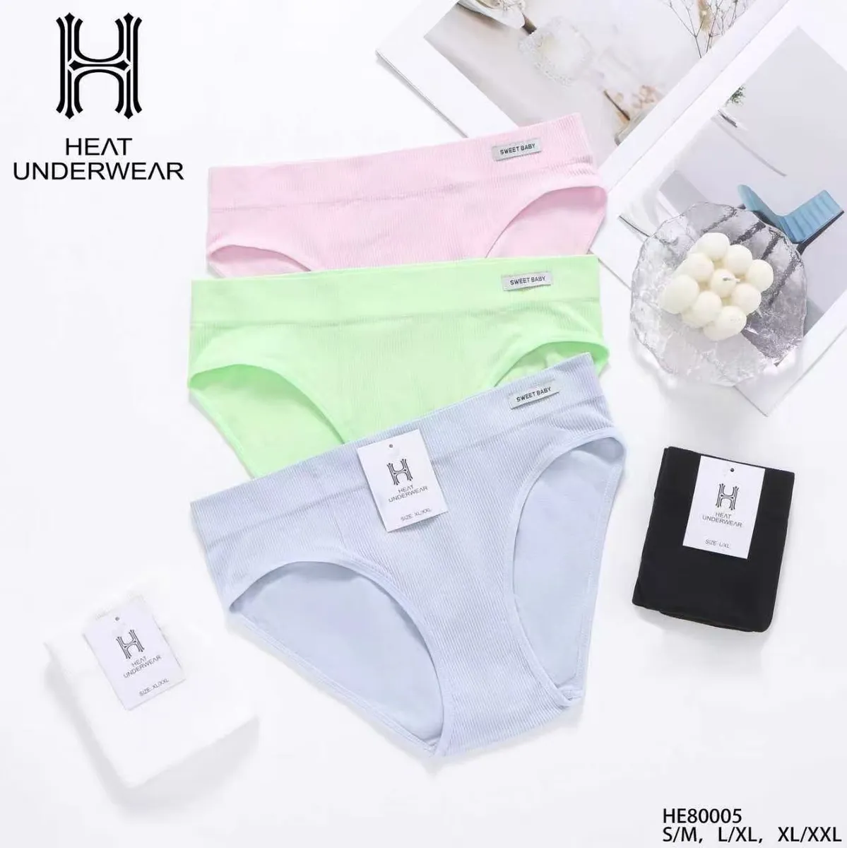 Pastelowe majtki damskie Heat Underwear w kolorach różowym, zielonym i niebieskim, prążkowane