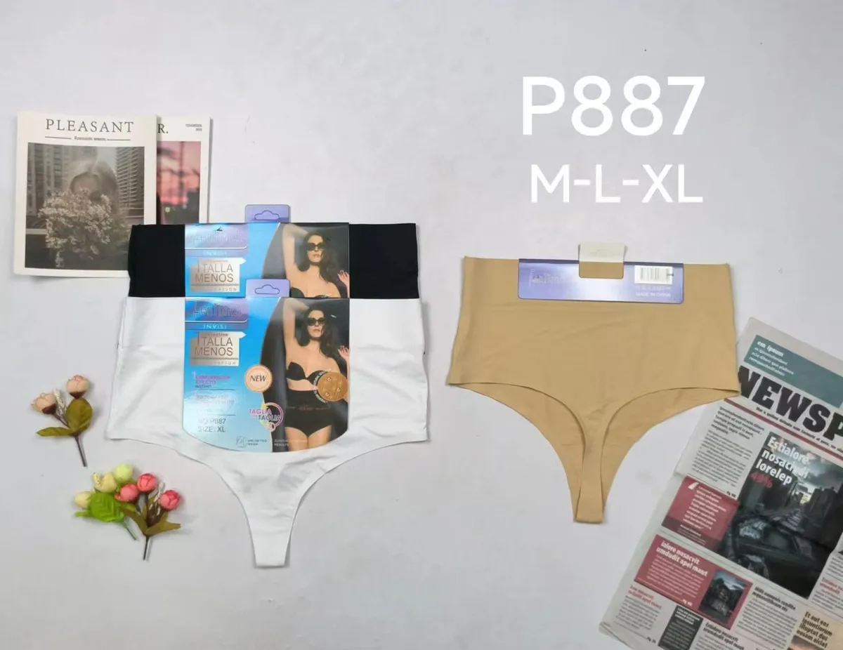 Majtki damskie bezszwowe w kolorach beżowym, białym i czarnym, rozłożone na stole z gazetą i kwiatami