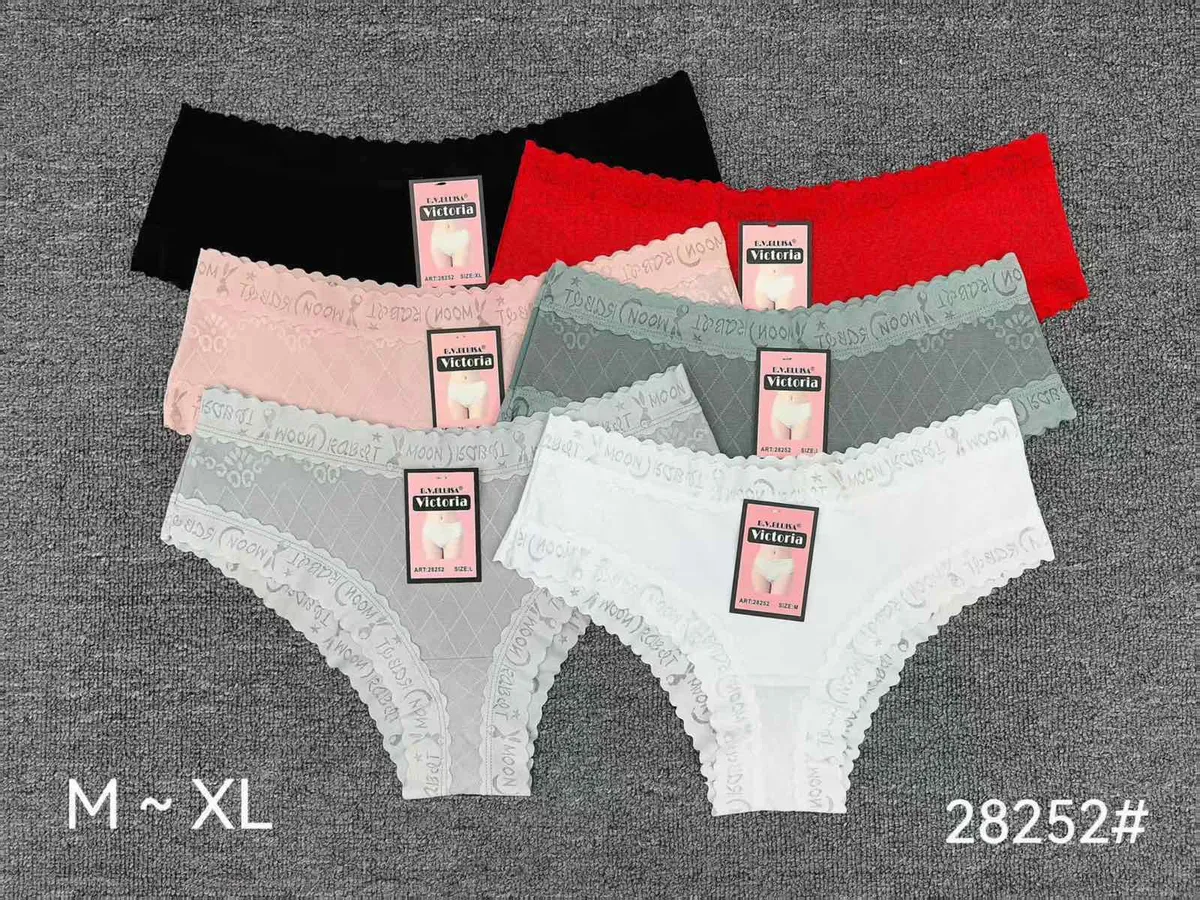 Zestaw sześciu koronkowych majtek damskich Victoria w kolorach czarnym, czerwonym, pudrowym różu, szarym, jasnoszarym i biały