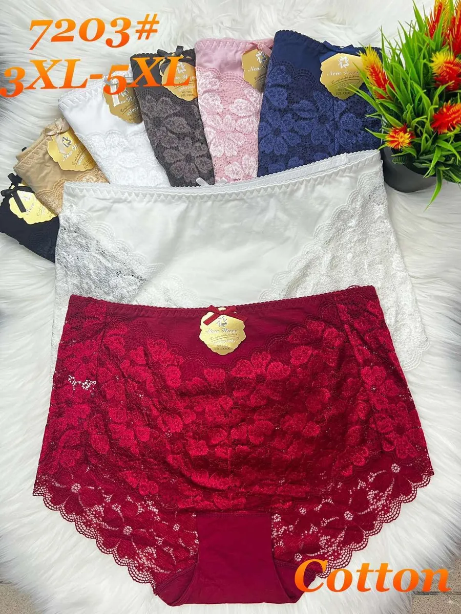 Majtki damskie koronkowe w różnych kolorach 3XL-5XL ułożone na białym tle