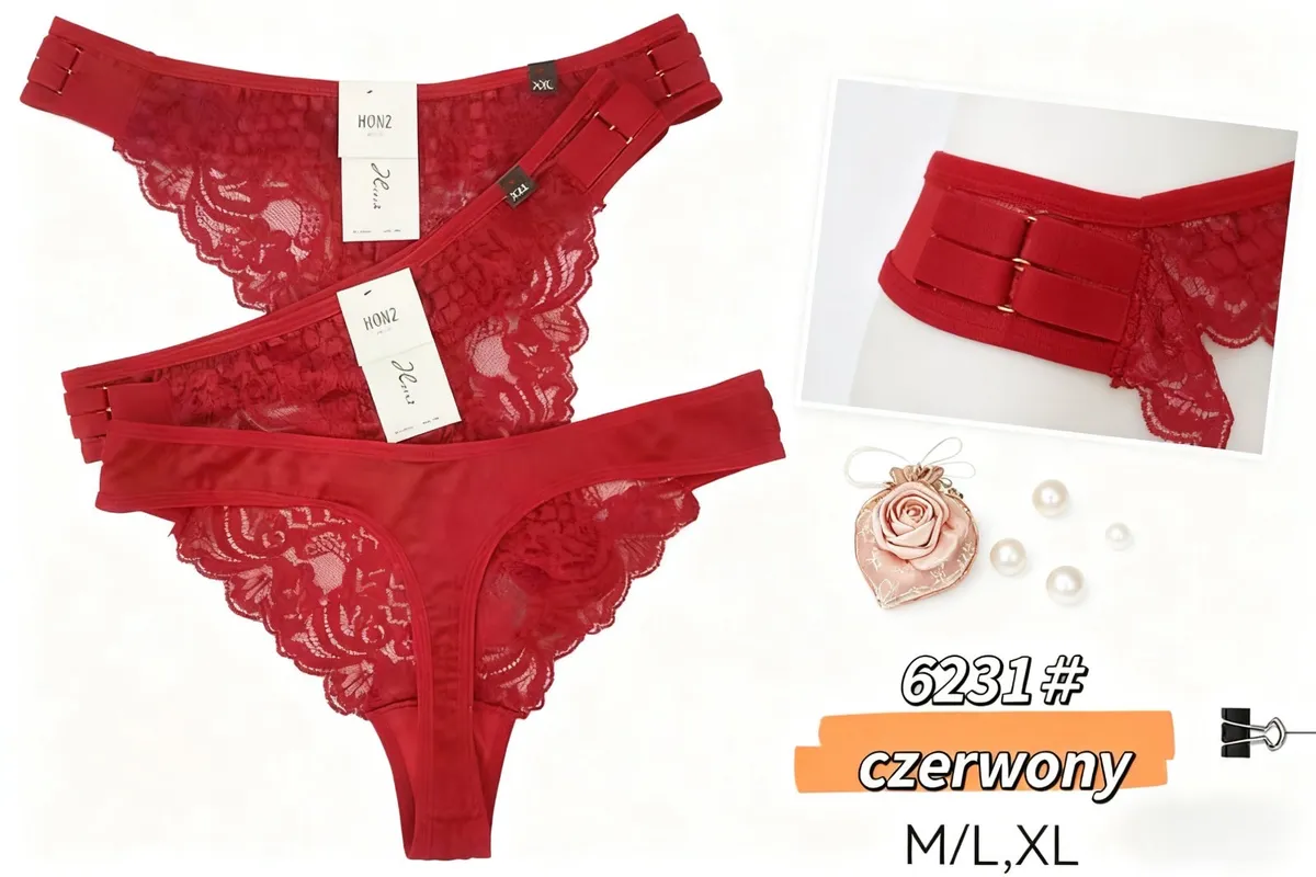 Trzy czerwone stringi damskie, dwa koronkowe z podwójnymi paskami, jeden gładki, rozmiary M/L i XL