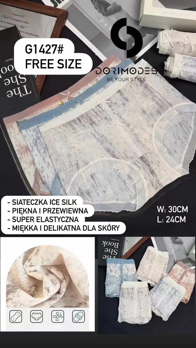 Pastelowe majtki damskie z siateczki Ice Silk w kolorach beżowym, niebieskim i białym