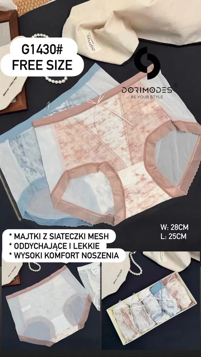 Pastelowe majtki damskie z siateczki mesh w kolorach beżowym i błękitnym, rozmiar uniwersalny