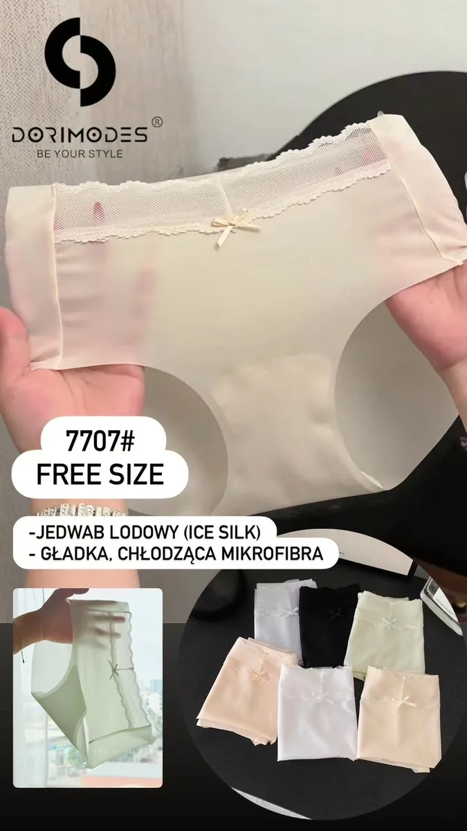 Beżowe majtki damskie z koronką i kokardką wykonane z gładkiej mikrofibry lodowej