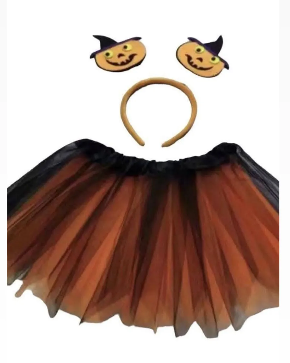 Zestaw Halloweenowa Spódnica Tiulowa Pomarańczowo-Czarna z Opaską Dynie