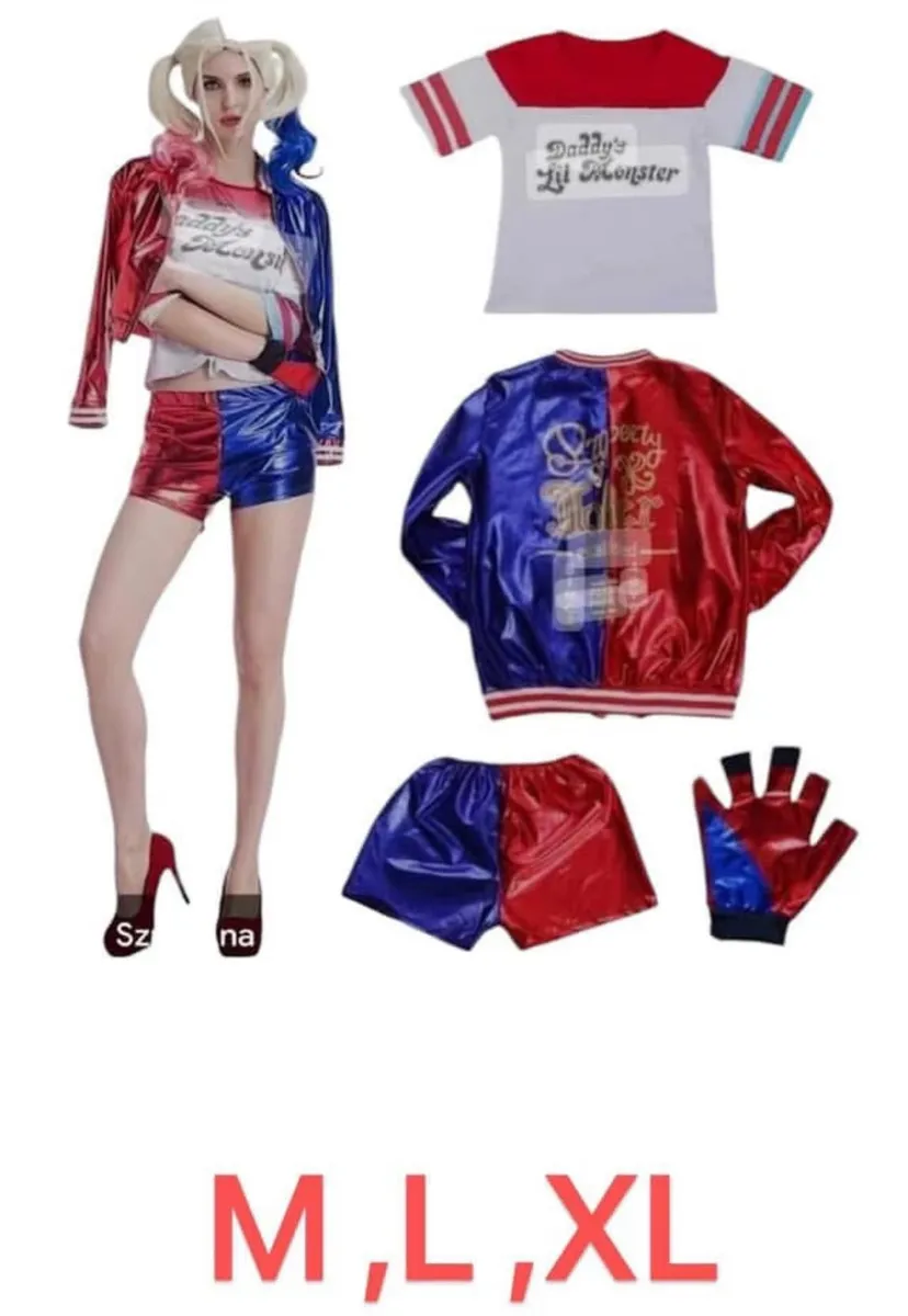 Strój Harley Quinn czerwono-niebieski z rękawiczkami M,L,XL