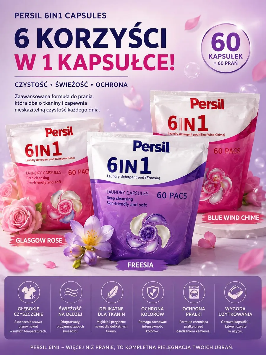 Persil 6IN1 Kapsułki do Prania 60 szt. Freshia, Glasgow Rose, Blue Wind Chime