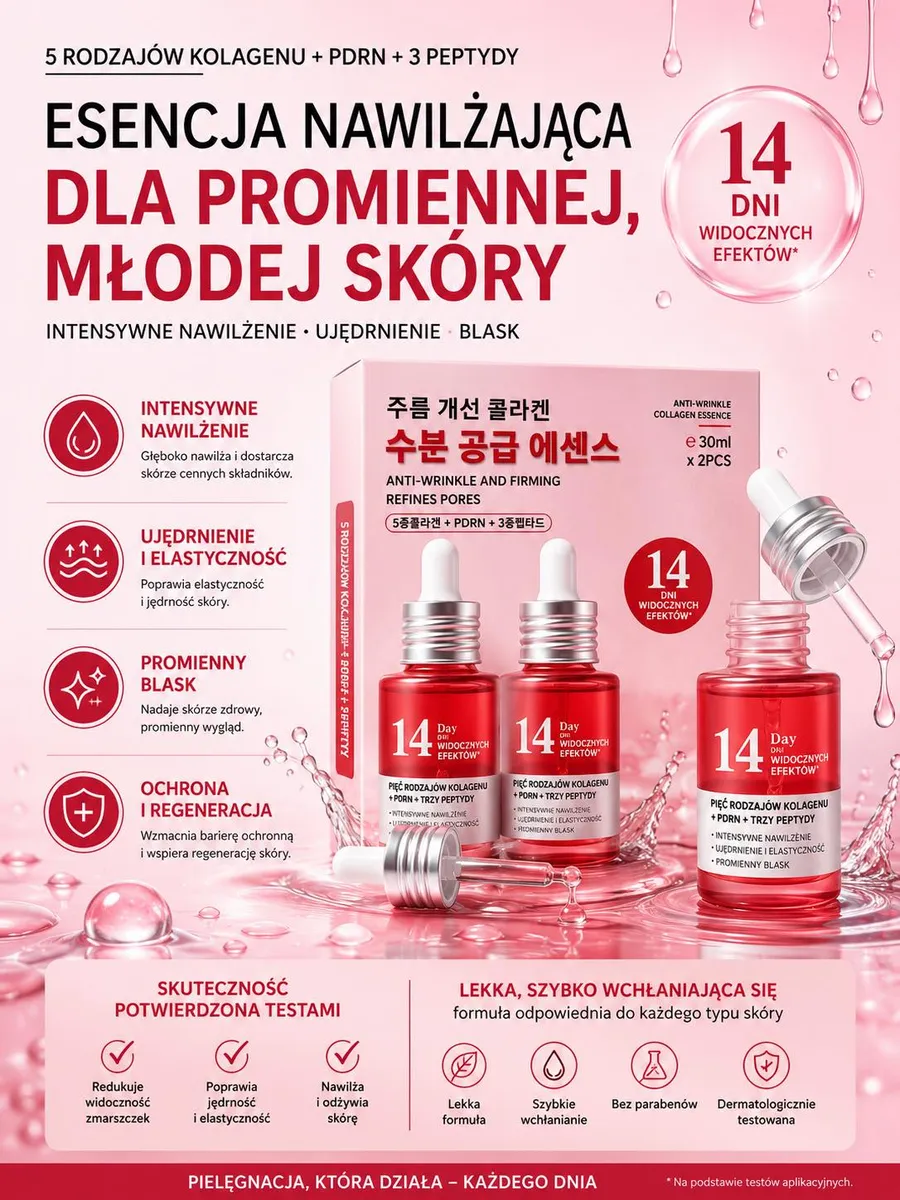 Esencja Nawilżająca z 5 Rodzajami Kolagenu i Peptydami 30ml
