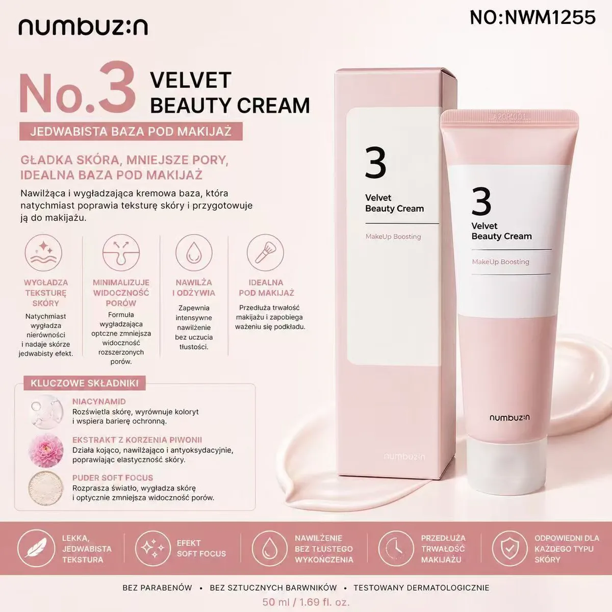 Numbuzin No.3 Velvet Beauty Cream jedwabista baza pod makijaż 50 ml