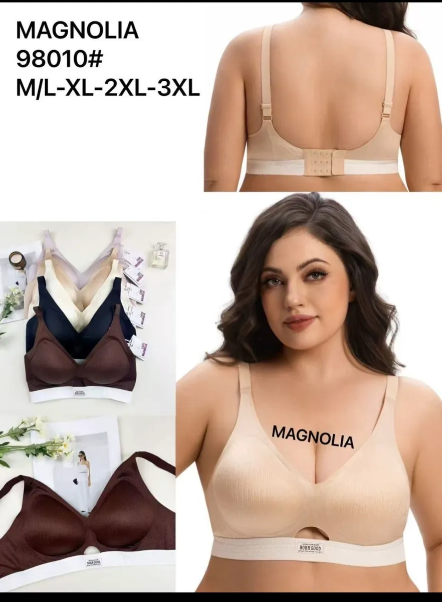 biustonosze Magnolia w kolorach beżowym, granatowym, brązowym i jasnoróżowym, model na kobiecie, widok z przodu i tyłu
