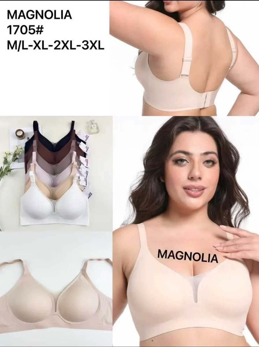 biustonosz Magnolia beżowy na modelce i w różnych kolorach, widok z przodu i tyłu