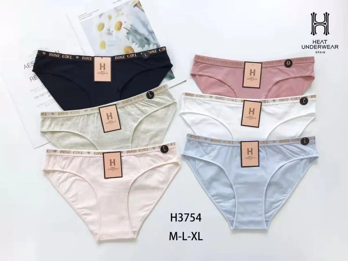 Zestaw sześciu damskich majtek w pastelowych kolorach z gumką ROSE GIRL i metkami Heat Underwear