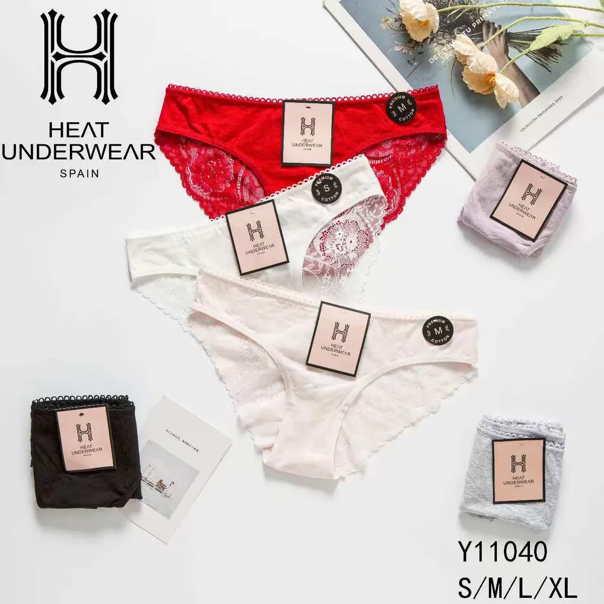 Majtki damskie Heat Underwear w kolorach czerwonym, białym, czarnym i jasnoszarym z koronkowymi wykończeniami