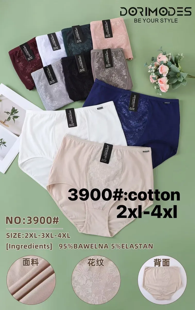Zestaw majtek damskich w różnych kolorach z koronkowym panelem, rozmiary 2XL-4XL