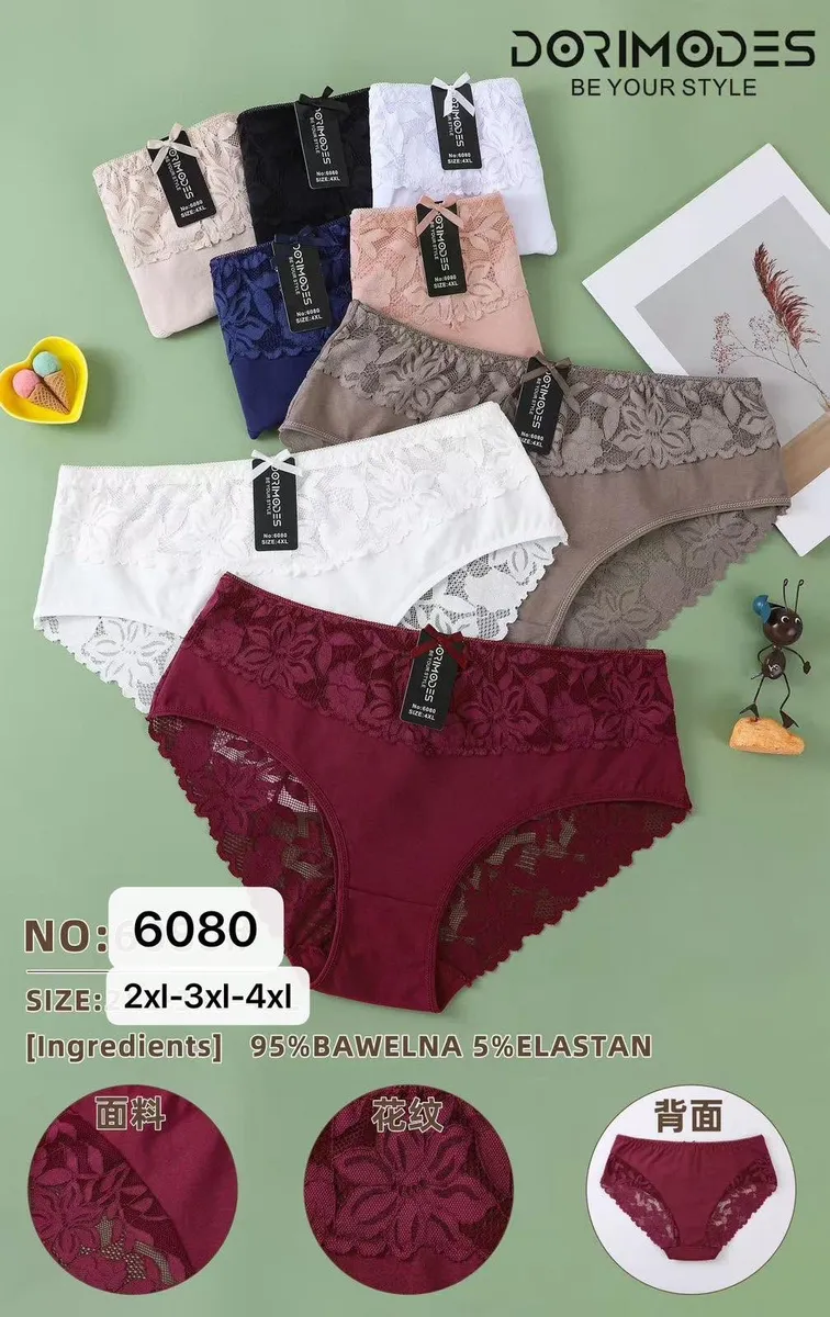 Majtki damskie z koronką w różnych kolorach na zielonym tle, rozmiary 2XL-4XL