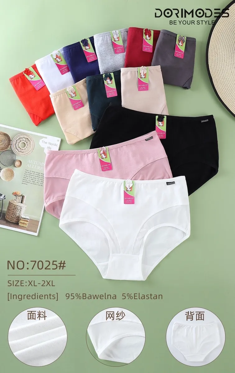 Wielokolorowe majtki damskie bawełniane z elastanem w rozmiarze XL-2XL, różne kolory i detale materiału