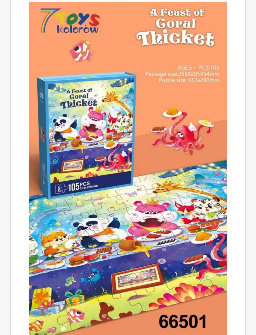 Puzzle 105 elementów Kolorowe Zwierzęta przy Stole 653x290mm