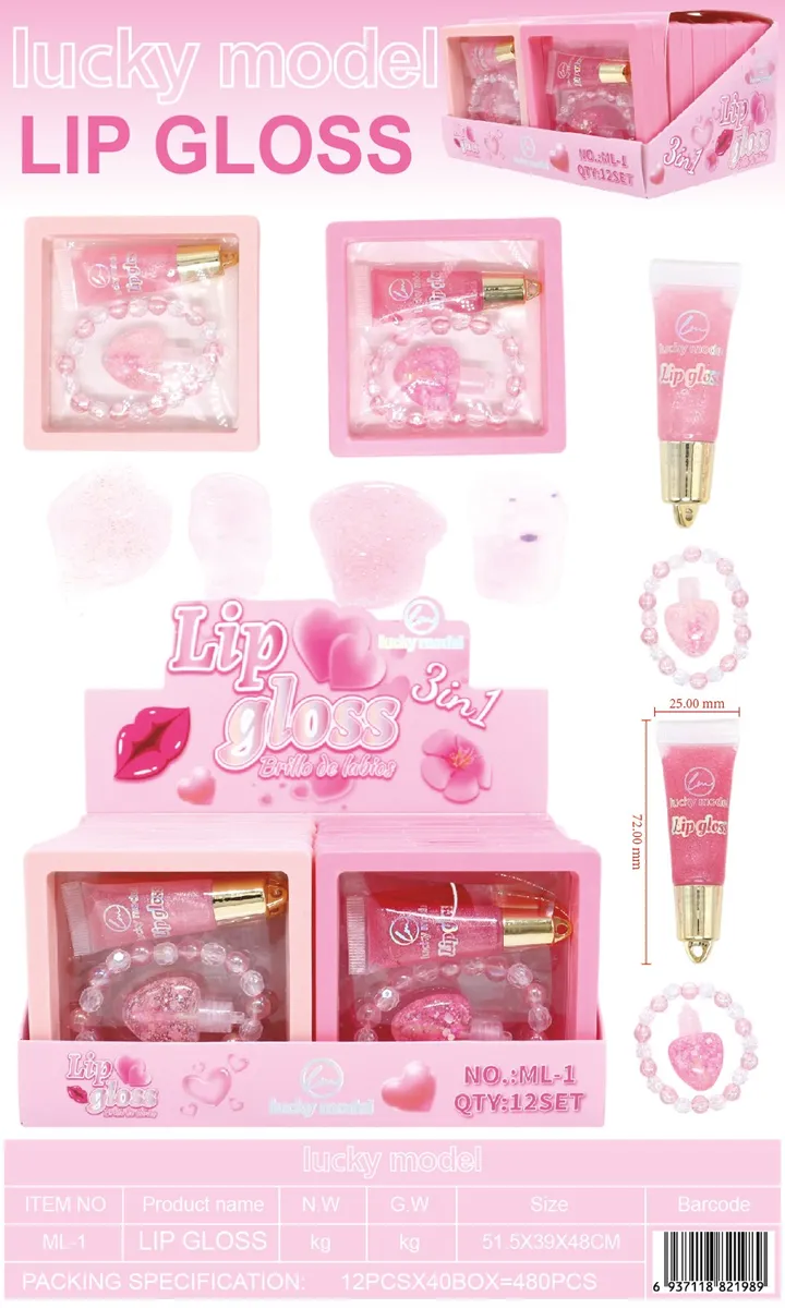 lucky model Lip Gloss różowy błyszczyk do ust 3w1 z bransoletką