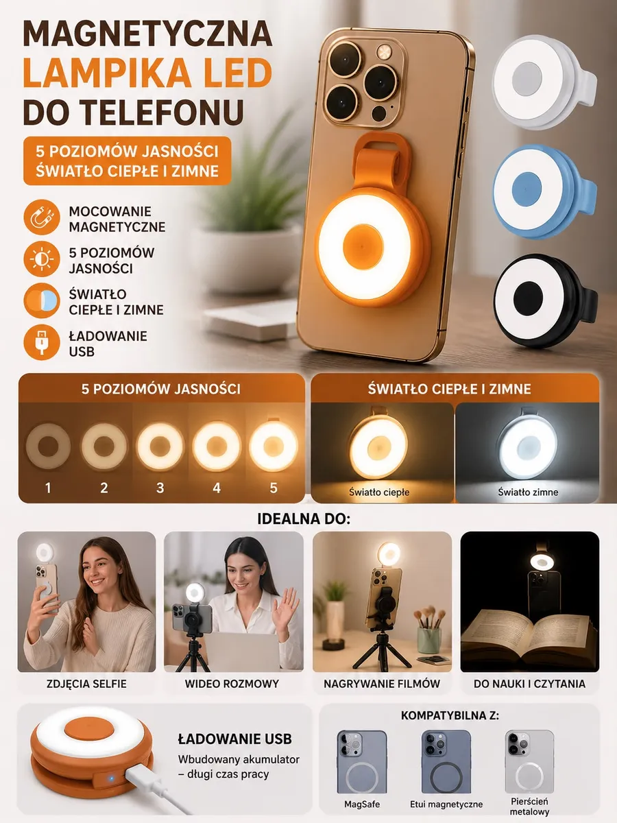 Magnetyczna lampka LED do telefonu z 5 poziomami jasności i USB