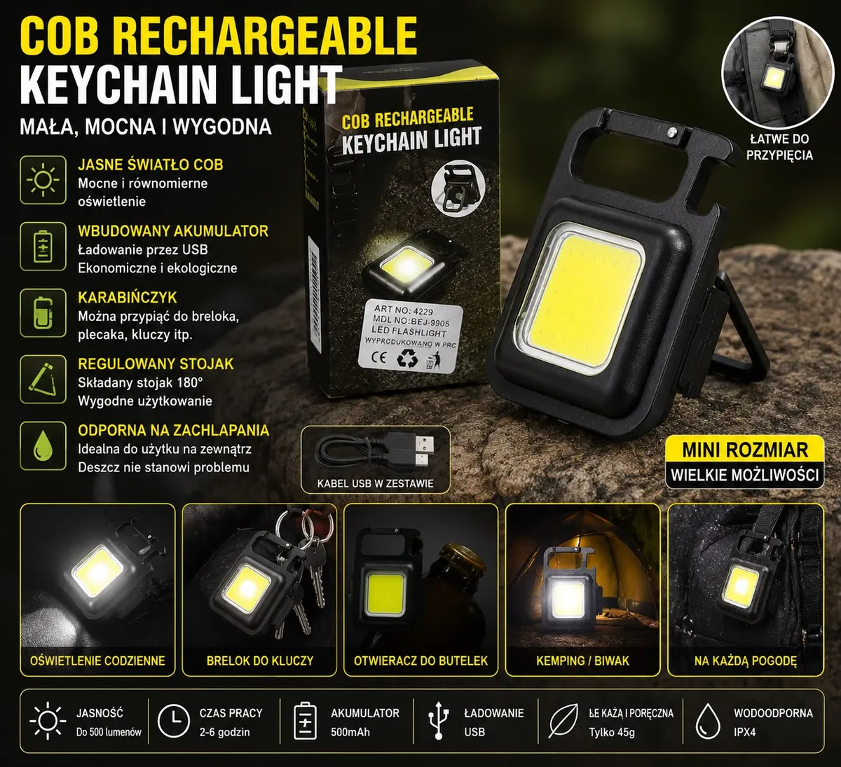 Mini latarka COB LED 4w1 czarna z karabińczykiem i otwieraczem USB