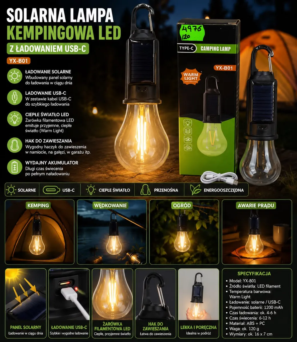Lampa solarna LED USB-C z hakiem ciepłe światło YX-B01