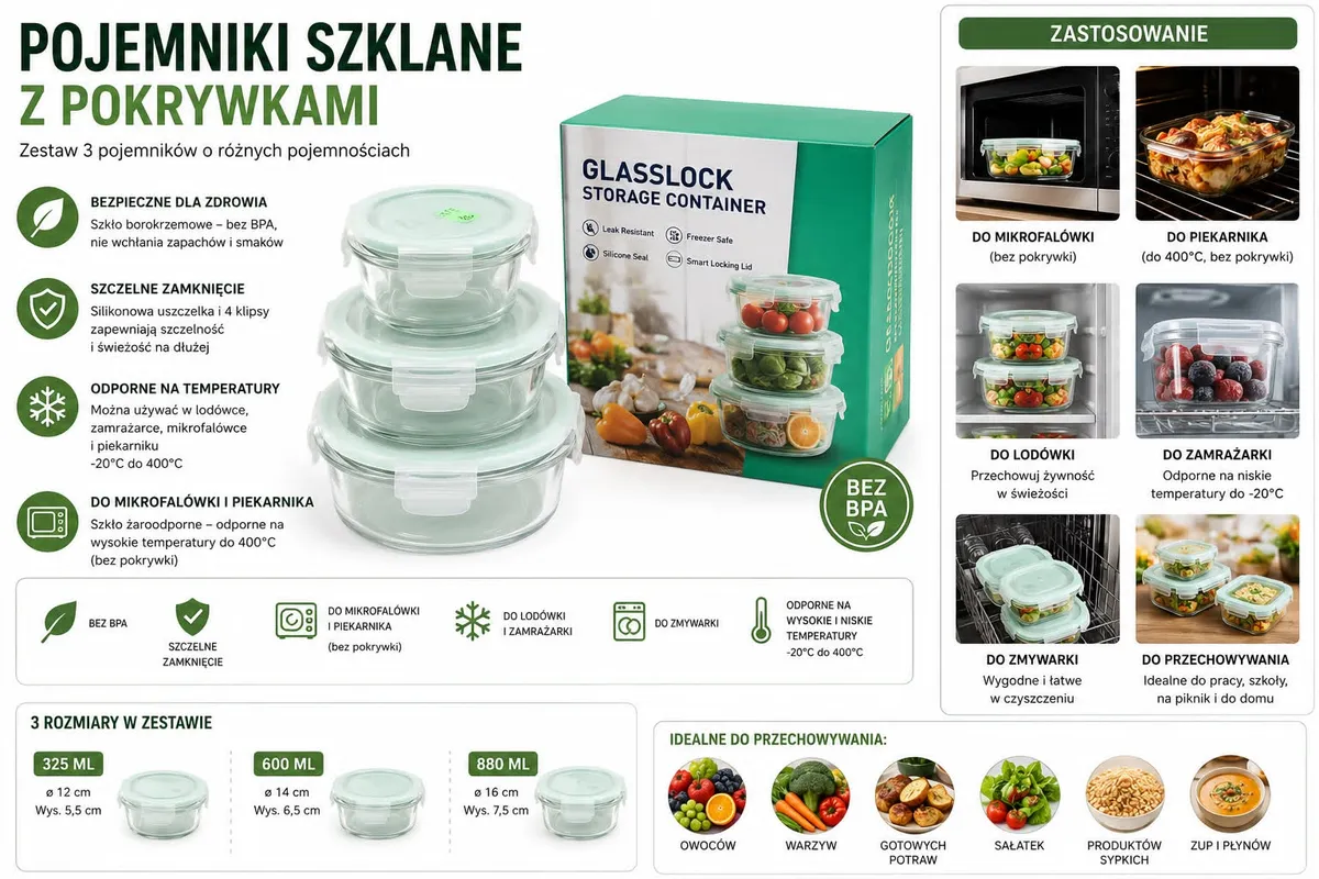 Zestaw 3 szklanych pojemników Glasslock z pokrywkami 325/600/880 ml