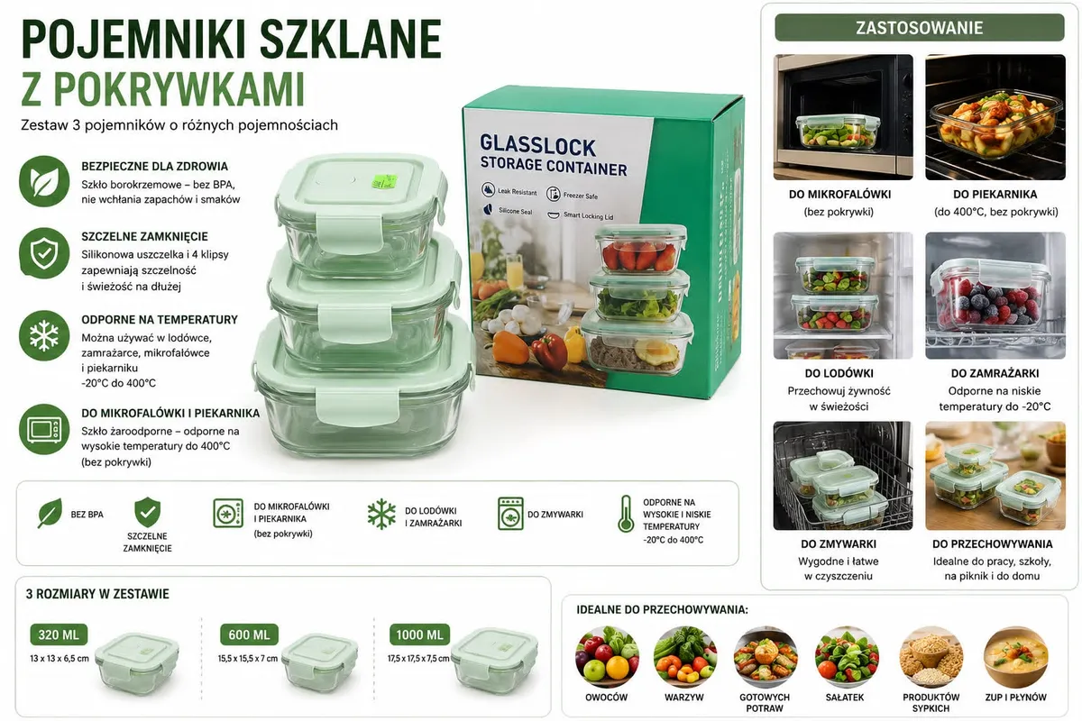 Glasslock zestaw 3 szklanych pojemników 320/600/1000 ml z pokrywkami