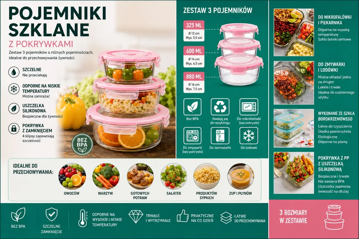 Zestaw 3 szklanych pojemników Glasslock z różowymi pokrywkami