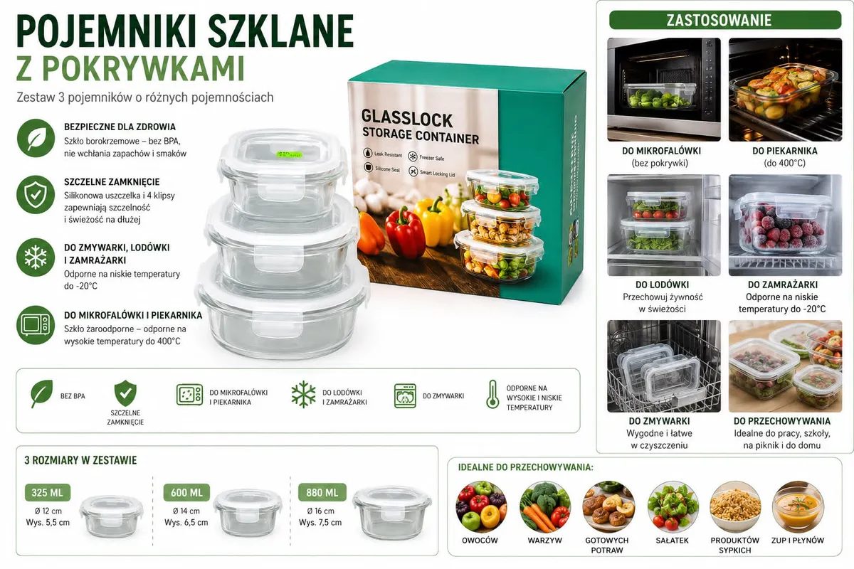 Zestaw 3 szklanych pojemników Glasslock z pokrywkami 325/600/880 ml