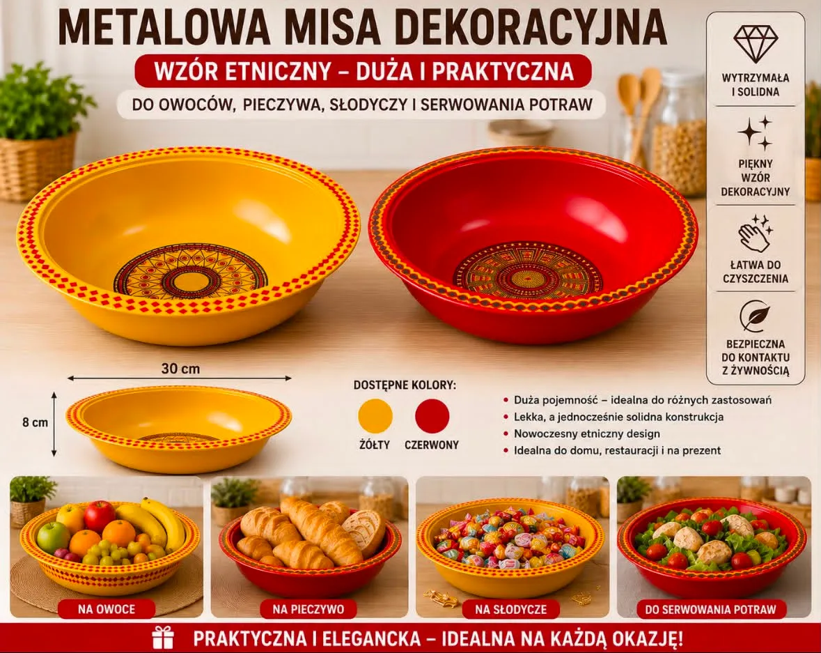 Metalowa misa dekoracyjna etniczna 30 cm żółta lub czerwona