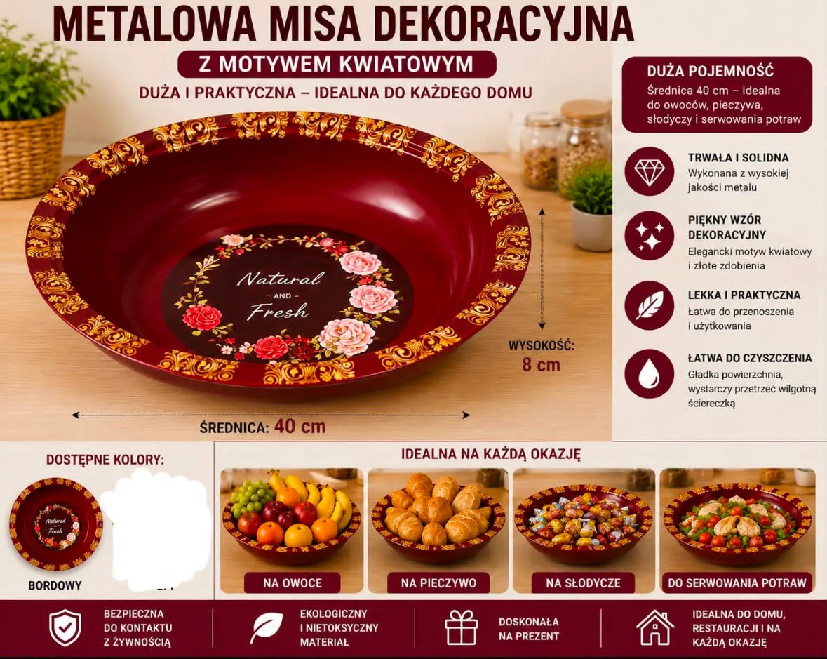 Metalowa misa dekoracyjna bordowa 40 cm z motywem kwiatowym