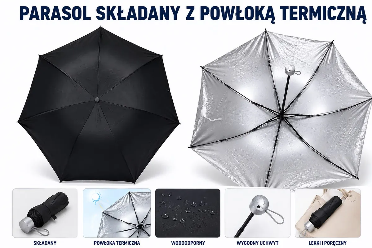 Parasolka składana czarna z powłoką termiczną i wodoodporna