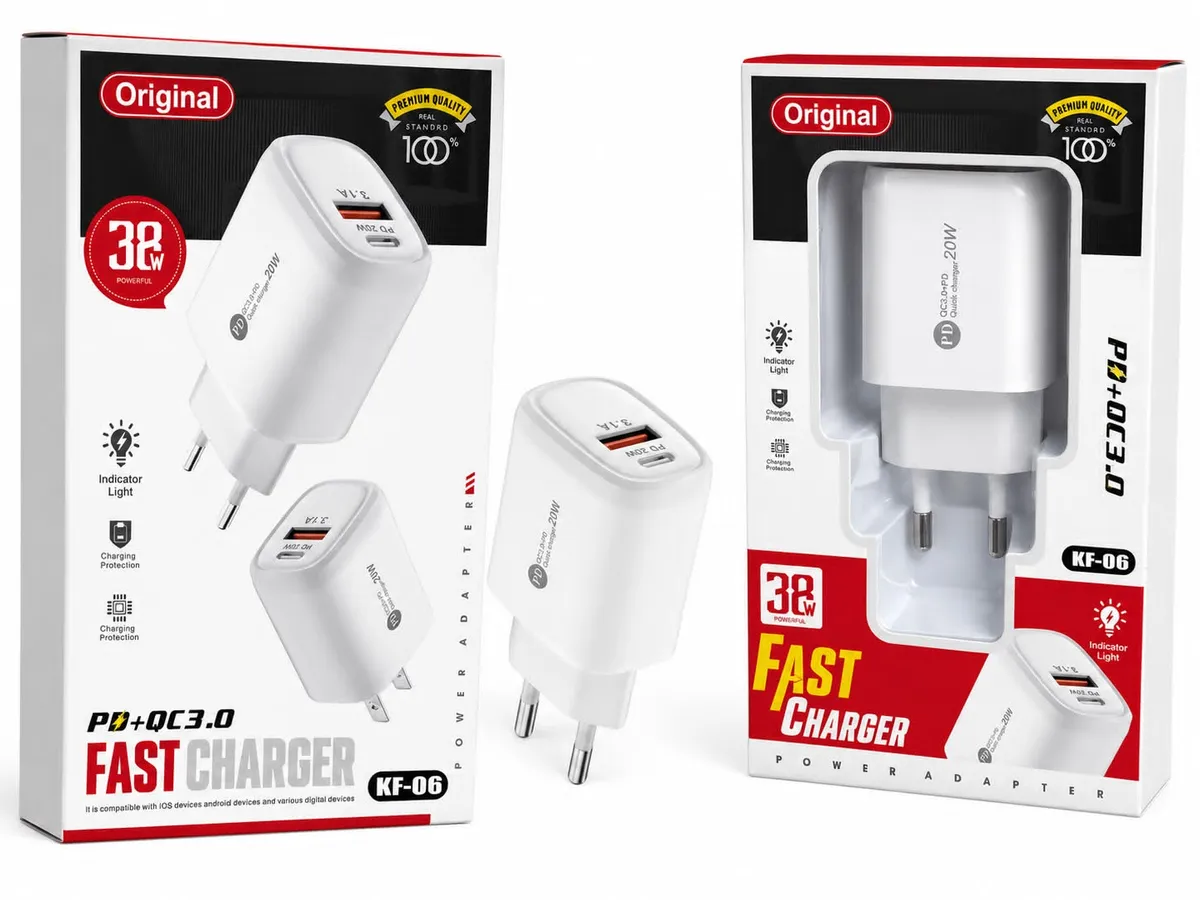 Ładowarka sieciowa 38W Fast Charger USB-C PD 20W + USB-A QC 3.0 biała