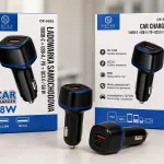 Ładowarka samochodowa 68W PD + QC 3.0 USB-C i USB-A czarna z niebieskim paskiem