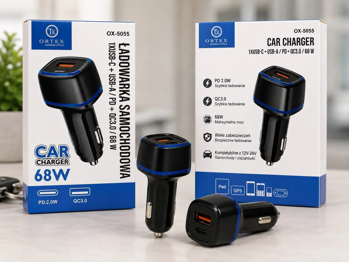 Ładowarka samochodowa 68W PD + QC 3.0 USB-C i USB-A czarna z niebieskim paskiem
