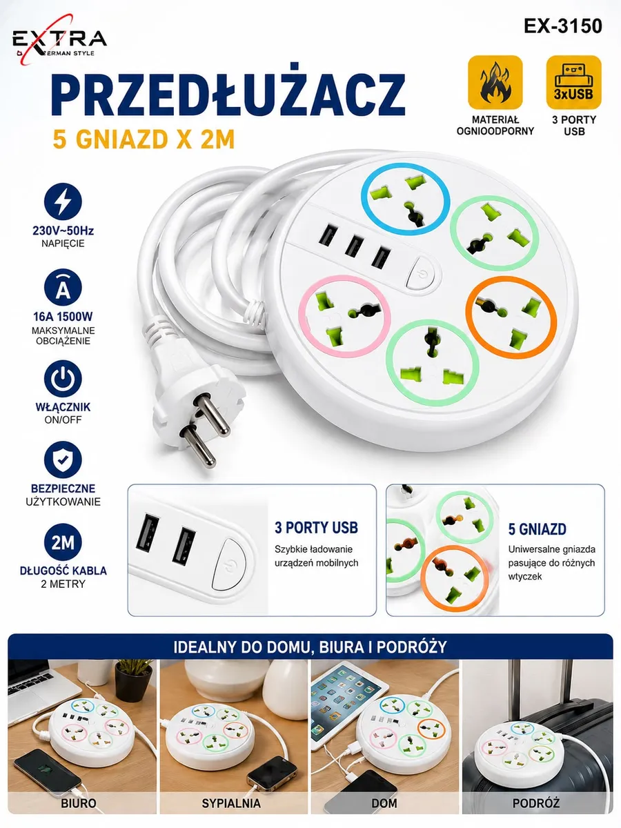 Przedłużacz bębnowy 5 gniazd 2m z 3 portami USB biały