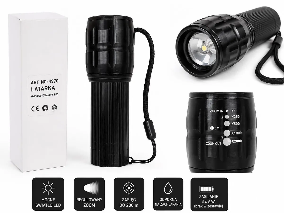 Latarka LED czarna z regulowanym zoomem i zasilaniem 3×AAA