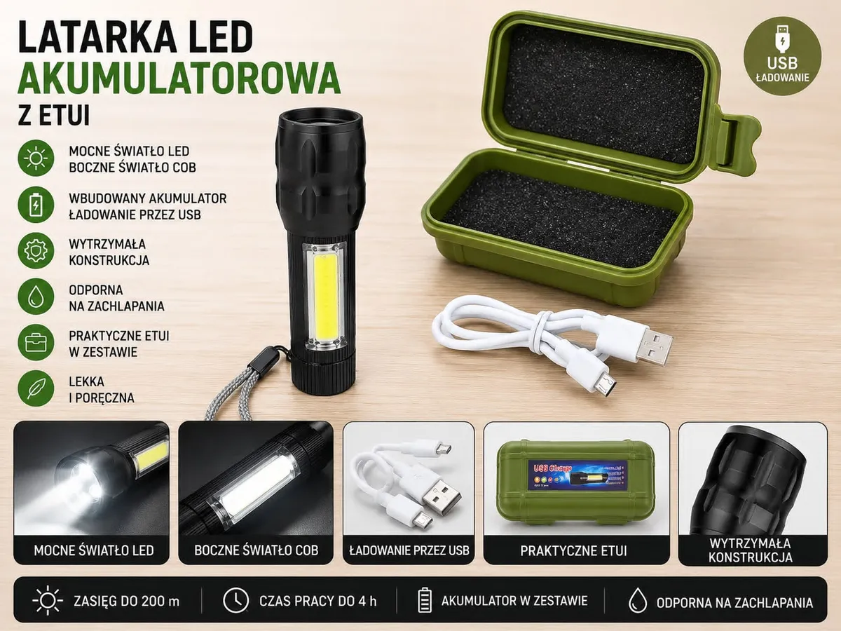 Latarka LED akumulatorowa czarna z etui i ładowaniem USB