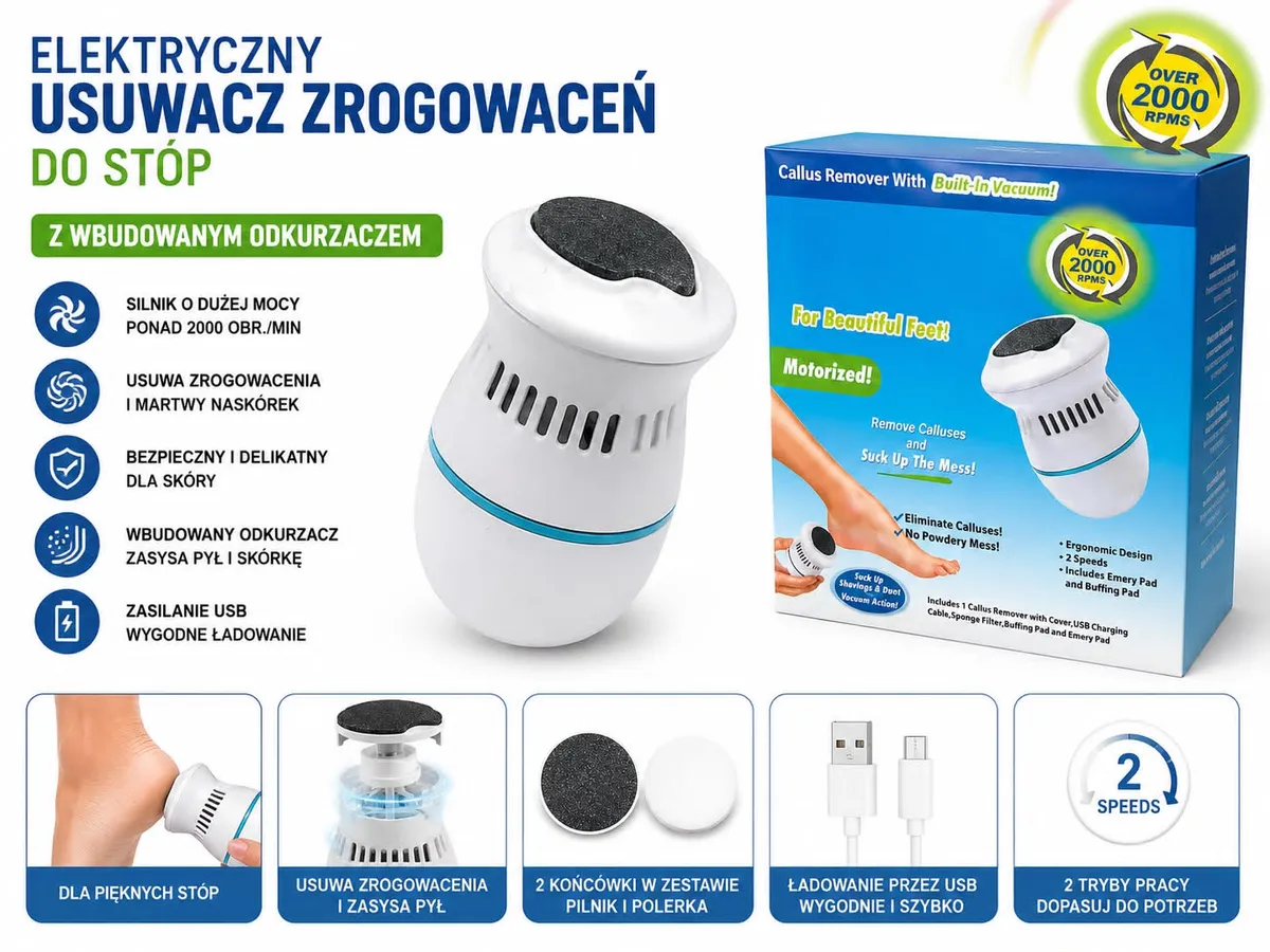 Elektryczny usuwacz zrogowaceń do stóp USB z odkurzaczem biały z niebieskim paskiem