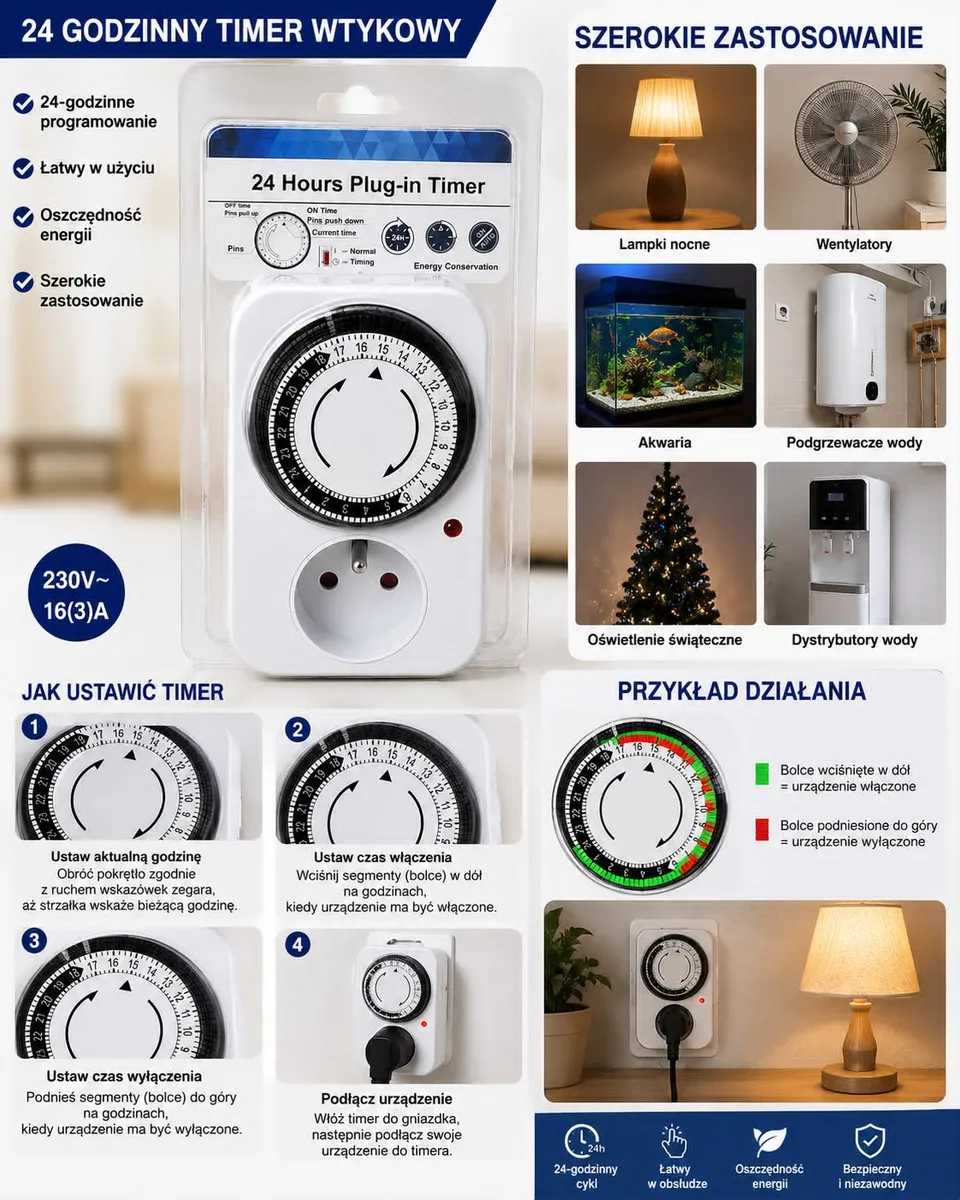 Programator Czasowy 24H Mechaniczny Timer do Gniazdka 230V 16A