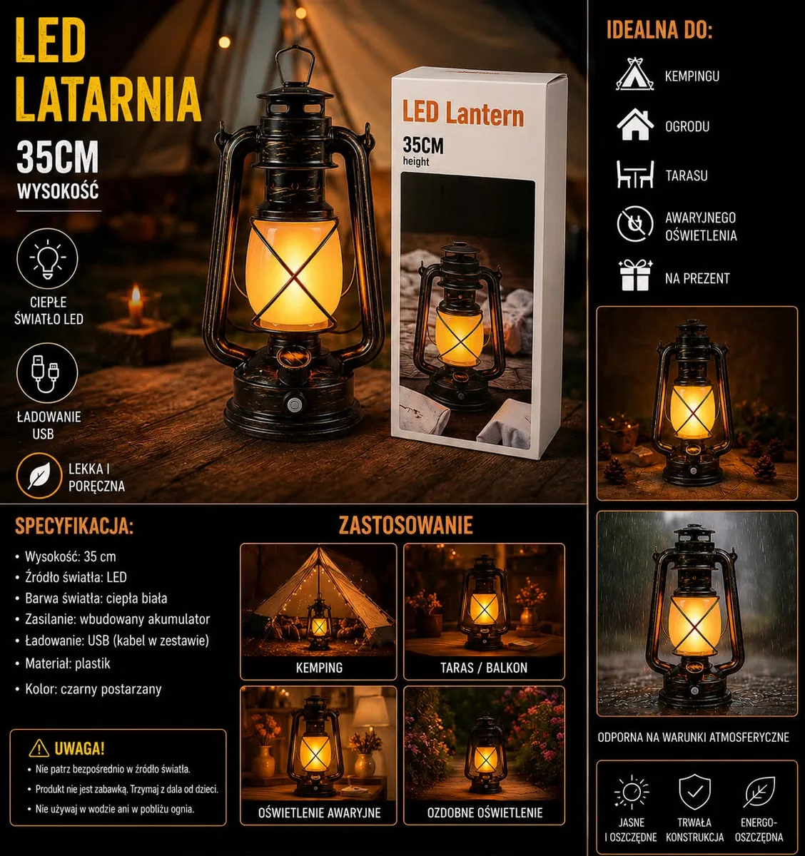 Lampion LED Vintage 35 cm czarny postarzany z akumulatorem USB