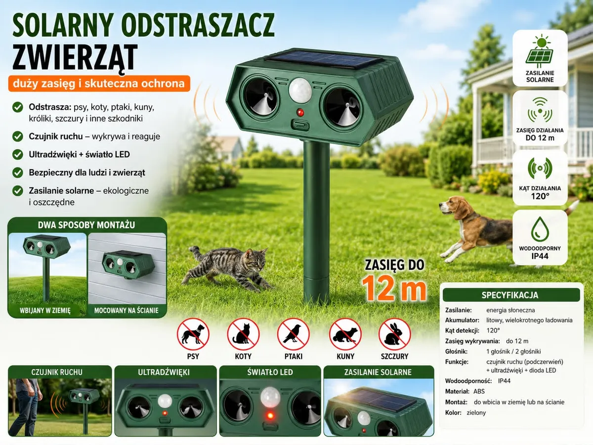 Solarny odstraszacz zwierząt zielony z czujnikiem ruchu i LED