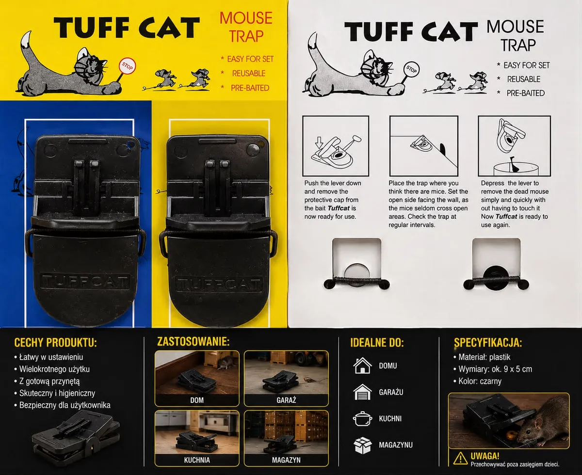 Zestaw 2 czarnych pułapek na myszy TUFF CAT wielokrotnego użytku