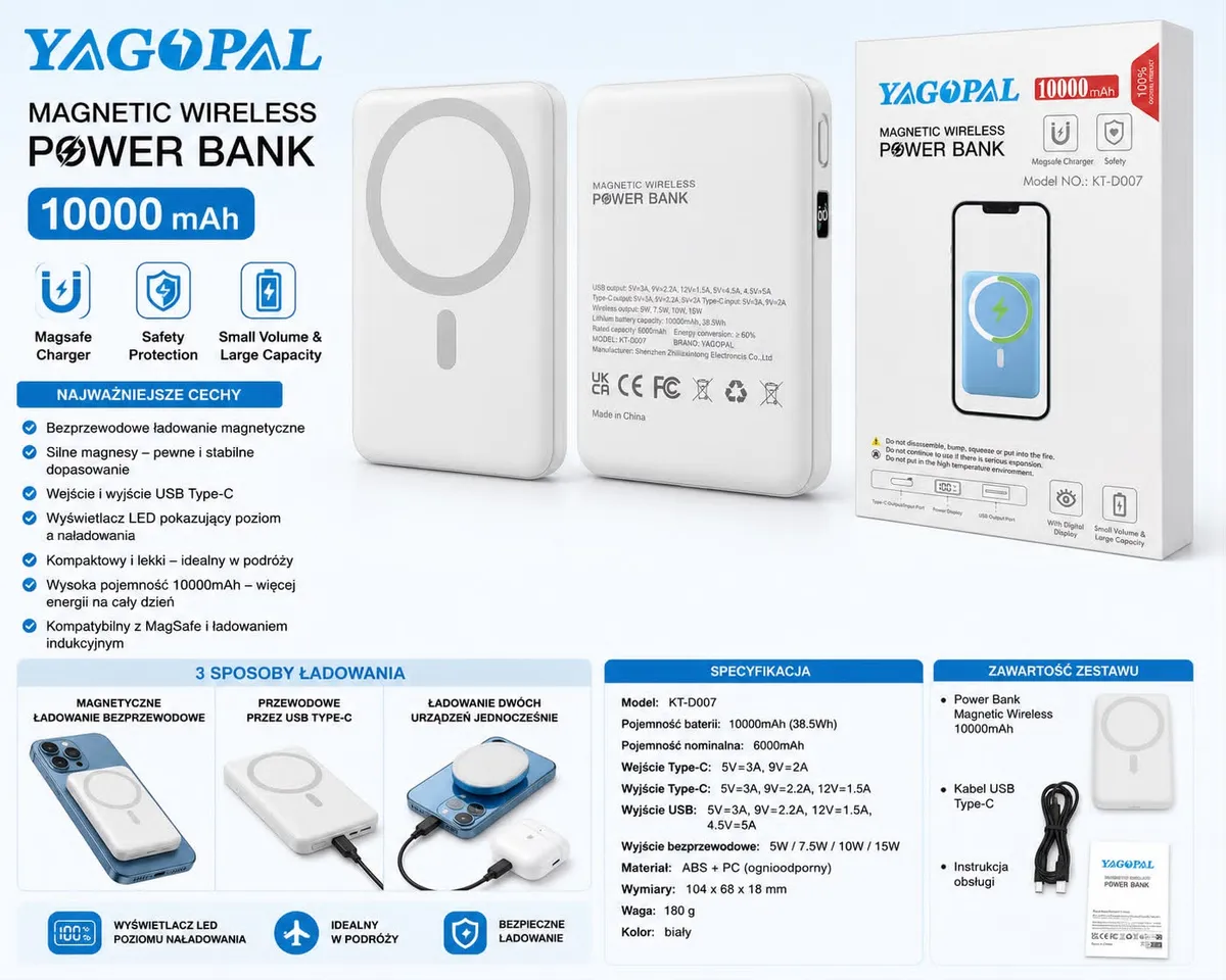 Powerbank magnetyczny YAGOPAL 10000 mAh biały 15W MagSafe